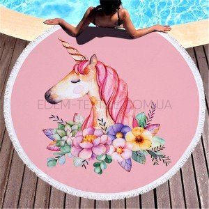 Пляжное круглое полотенце коврик Единорог Цветы , диаметр 155