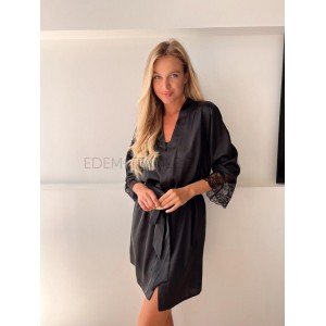 Элегантный Шелковый халат с кружевом 4100 Черный, S