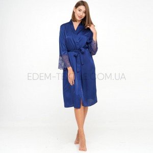 Халат атласный с кружевом 4100 Julia Ulich Синий, 2XL