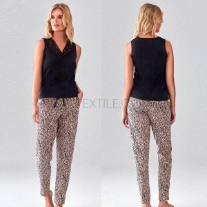 Пижама майка с кружевом и брюки Зебра 6001 Черный, M