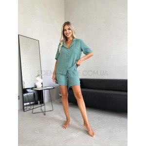 Домашний костюм Муслин рубашка и шорты 9028 малахит, S