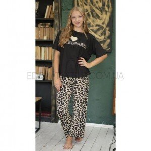 Пижама с леопардовым принтом Футболка Штаны 2450 Черный, L