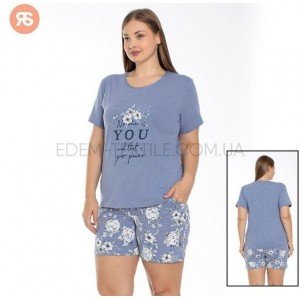 Пижама с шортами батальная принт Цветы 6771 Синий, 2XL