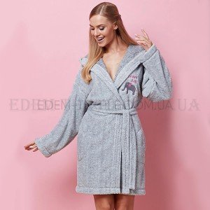 Теплый халат женский с капюшоном на запах L&L 7107 Серый, XL