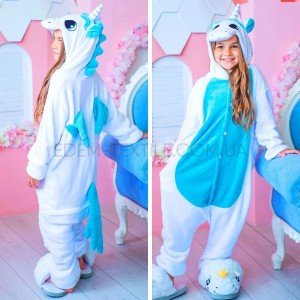 Детский Kигуруми Единорог Бело-Голубой , Рост 140