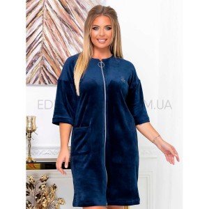 Велюровий жіночий халат на блискавці 170477 Темно-синий, 4XL