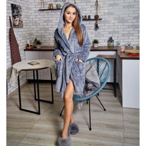 Теплый женский короткий халат с капюшоном Велсофт 1026 Серый, L