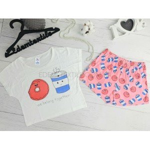 Пижама футболка и шорты Пончик и Стакан Кофе Розовый, XL