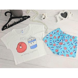 Пижама молодежная с шортами Пончик и Стакан Кофе Бирюзовый, XL