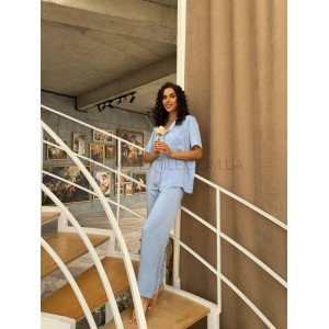 Шелковая пижама рубашка со штанами 9024 Голубой, L