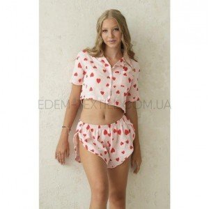 Пижама летняя на пуговицах Сердечки 166 Муслин Розовый, XL