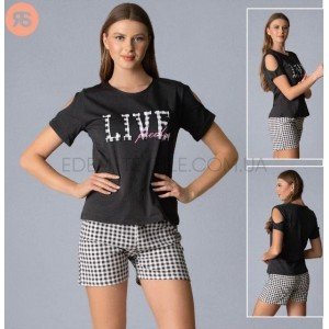 Пижама шорты в клетку и футболка Live 5787 Черный, XL Пижама шорты в клетку и футболка Live 5787 Черный, XL