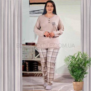 Теплая пижама Батал со штанами в Клетку 5395 Бежевый, 4XL