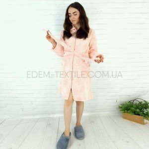 Теплый женский халат на молнии с поясом Лапки Персиковый, 2XL