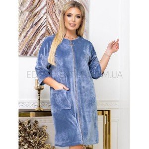 Халат велюровый на молнии с рукавом 3/4 170477 Темно-голубой, 4XL