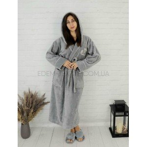 Махровый женский длинный халат с капюшоном 404 Серый, XL