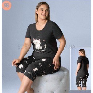 Пижама для полных женщин с капри Котик 6179 Графитовый, 4XL