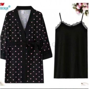 Комплект халат в сердечках и ночнушка 2288-1 Черный, 2XL